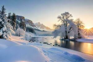 photo wallpaper the sky, snow, trees, river, mountains, sunrise, the sun, winter. AI-Generated