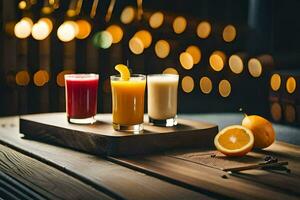 three different juices sit on a wooden tray. AI-Generated photo