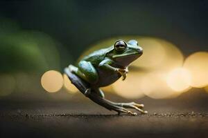 a frog is standing on its hind legs on a dark background. AI-Generated photo