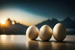 three eggs are sitting on a table with mountains in the background. AI-Generated photo