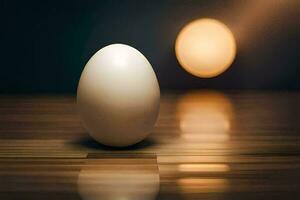 an egg sitting on a wooden floor with a light behind it. AI-Generated photo