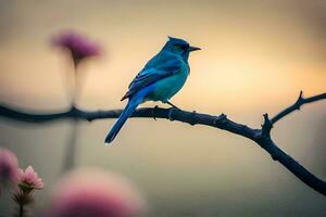 a blue bird sits on a branch in front of pink flowers. AI-Generated photo