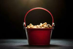 a red bucket filled with nuts on a dark background. AI-Generated photo