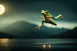 a frog jumping into the air with a full moon in the background. AI-Generated photo