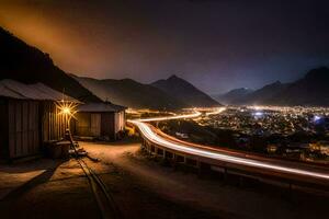 un largo exposición foto de un ciudad a noche. generado por ai