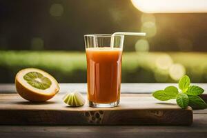 un vaso de naranja jugo con un rebanada de naranja y menta. generado por ai foto