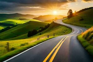 a road in the countryside with the sun setting. AI-Generated photo