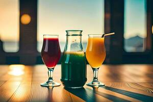 three glasses of juice on a table. AI-Generated photo