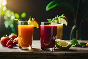 three glasses of juice with fruits and vegetables. AI-Generated photo
