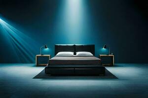 a bedroom with a bed and light shining on it. AI-Generated photo