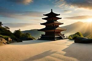 un pagoda en el montañas a puesta de sol. generado por ai foto