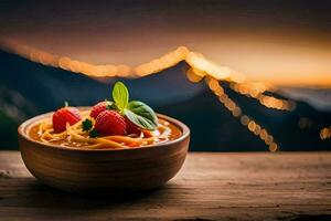 pasta con fresas y montaña vista. generado por ai foto