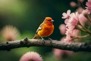 a small orange bird sits on a branch with pink flowers. AI-Generated photo