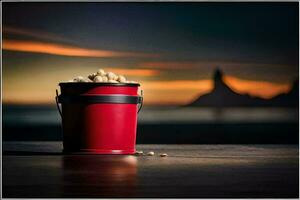 a red bucket with popcorn on the table. AI-Generated photo