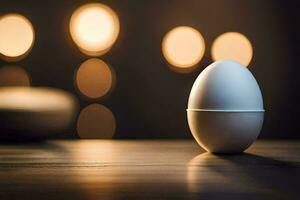 an egg sitting on a table in front of a blurry background. AI-Generated photo