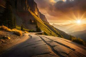 the sun rises over a mountain road in the mountains. AI-Generated photo