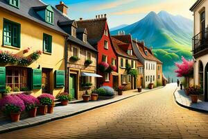 a painting of a street in a village with flowers and mountains. AI-Generated photo