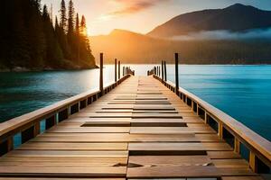 a wooden pier stretches out into the water at sunset. AI-Generated photo