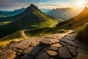 the sun rises over a mountain range with a path leading to the top. AI-Generated photo