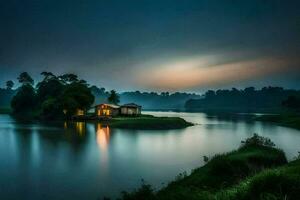 a small house sits on the edge of a river at dusk. AI-Generated photo