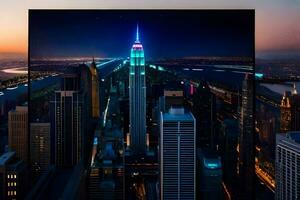 the empire state building is lit up at night. AI-Generated photo