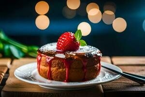 a strawberry cake with a drizzle of syrup on top. AI-Generated photo