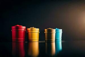 four colorful buckets on a black background. AI-Generated photo