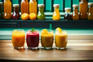 a row of glasses with different juices. AI-Generated photo