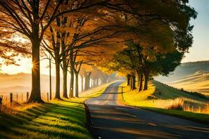 autumn road in the countryside with trees and sun. AI-Generated photo