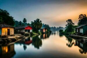 a river with houses and trees in the background. AI-Generated photo