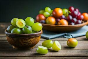 grapes in a bowl on a wooden table. AI-Generated photo