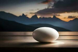 egg on a table with mountains in the background. AI-Generated photo