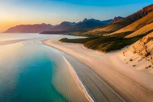 el playa a puesta de sol con montañas y arena. generado por ai foto