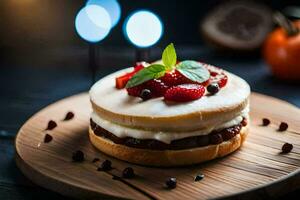 a cake with strawberries and cream on a wooden plate. AI-Generated photo