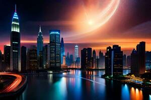 the city of dubai is seen in the night sky. AI-Generated photo