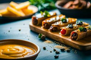 comida en un de madera tablero con inmersión salsa. generado por ai foto