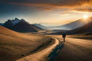 a man walks along a road in the middle of a desert. AI-Generated photo