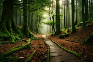 camino en el bosque con cubierto de musgo arboles generado por ai foto