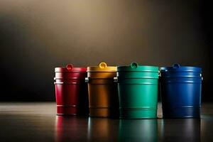 four colorful plastic cups are lined up on a table. AI-Generated photo