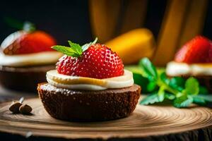 chocolate cupcakes with strawberries and mint leaves. AI-Generated photo