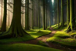 un camino mediante un bosque con arboles y musgo. generado por ai foto