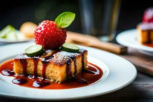 a piece of cake with strawberries and syrup on top. AI-Generated photo