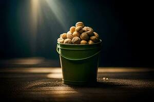 a bucket filled with nuts on a table. AI-Generated photo