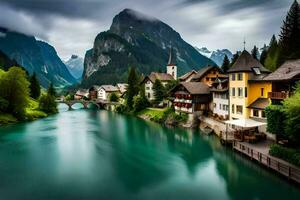 photo wallpaper the sky, mountains, river, houses, trees, mountains, lake, house,. AI-Generated