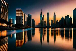 el ciudad horizonte es reflejado en el agua a puesta de sol. generado por ai foto