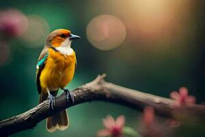 a small bird is sitting on a branch. AI-Generated photo