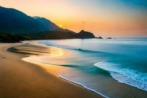 el Dom conjuntos terminado un playa y montañas. generado por ai foto