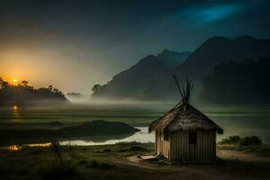 un choza se sienta en el borde de un lago a amanecer. generado por ai foto