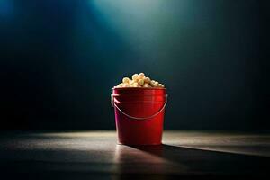 a red bucket filled with popcorn on a dark table. AI-Generated photo