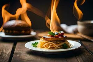 a plate with spaghetti and a burger on fire. AI-Generated photo